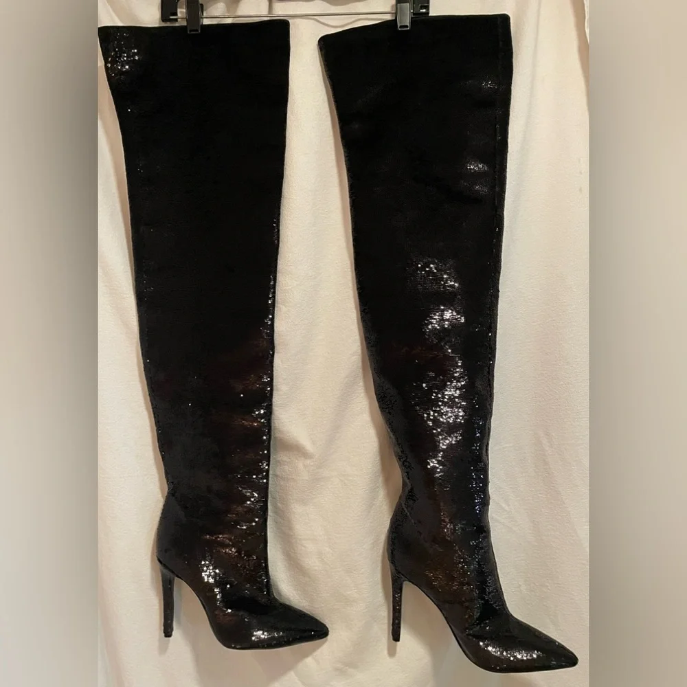 Kendall & Kylie Black Sequined Thigh High Stiletto Boots
